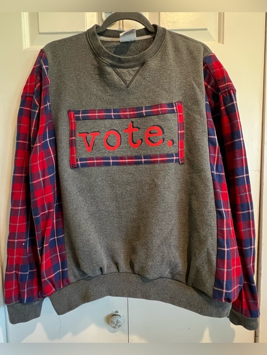 Champion Tops - Upcycled❤️VOTE💙 Pullover Gray Sweatshirt with Plaid Flannel Sleeves